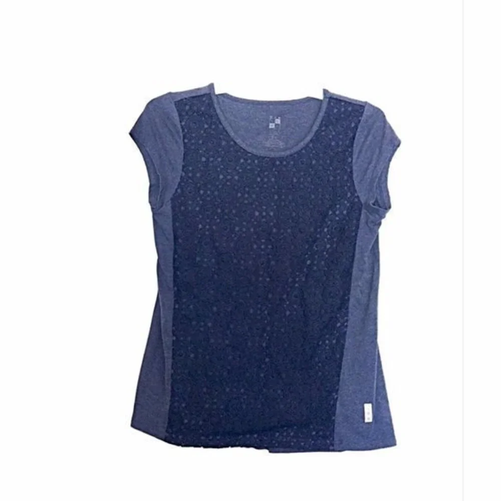 Girls Sz 7-8 Blue Blouse Top Front Overlay knit Crochet Short Sleeve Size Small
